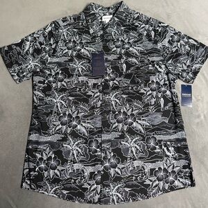 NWT Haggar Men’s Black & WhiteTropical Short-Sleeve Button-Down Shirt